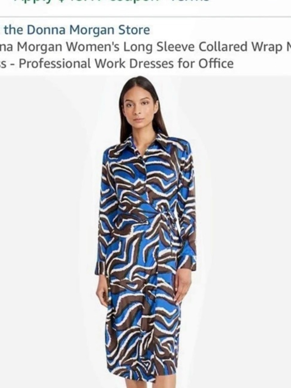 Donna Morgan Women's Long Sleeve Collared Wrap Midi Dress Blue & Brown size 8